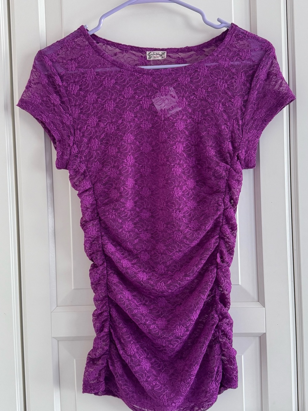 Free People Purple Lace Ruched Short Sleeve Top sz S